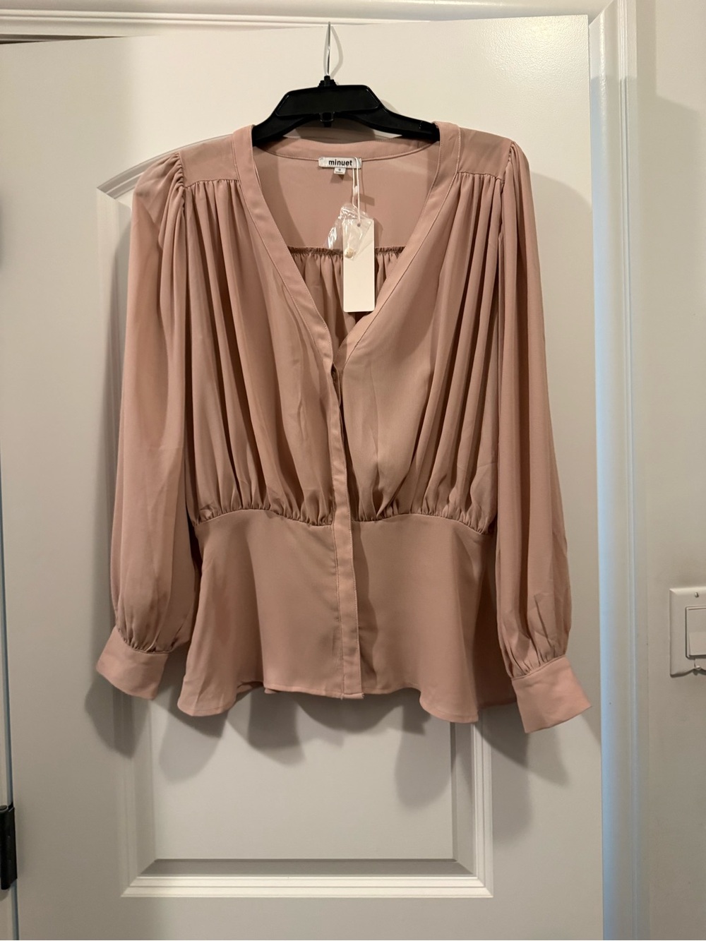 Minuet Petite Blush Pink V-Neck Gathered Waist Blouse